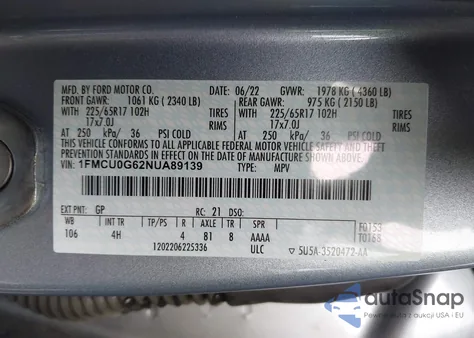 2022 Ford Escape Se z USA, uszkodzony, nr VIN 1FMCU0G62NUA89139